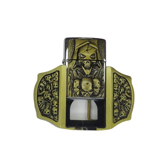Skulls & Reaper Lighter Belt Buckle - Bronze Metal Lighter  - Free Engraving - Picture 2 of 9